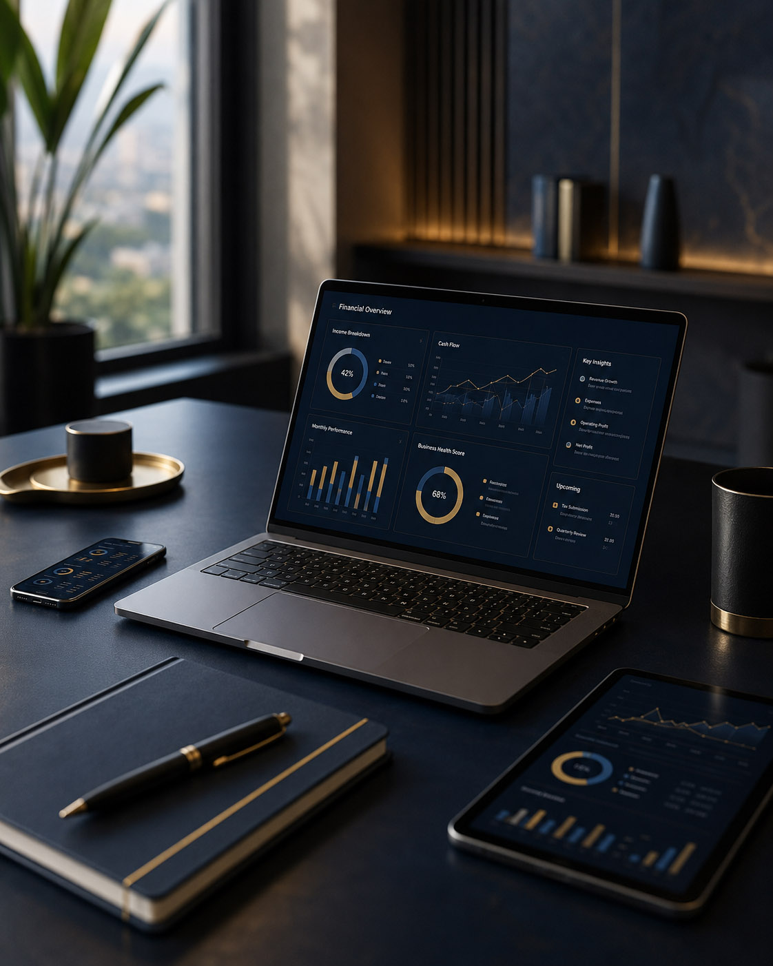 Laptop and phone showing a modern crypto and investment portfolio dashboard